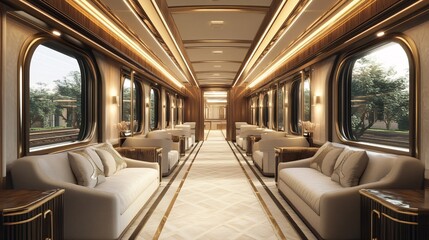 Fototapeta premium Interior of a luxury train carriage with leather seats and windows. 3d rendering.
