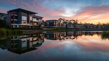 Modern Waterfront Homes Reflecting in Calm Sunset Waters