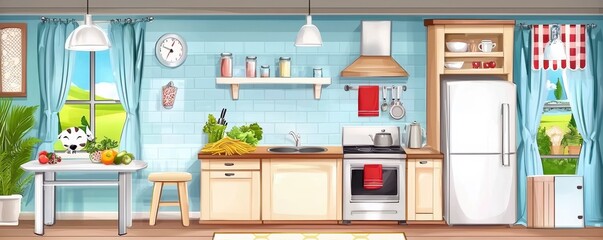 Cozy kitchen interior design modern home digital art bright environment eye-level view fresh ingredients and decor