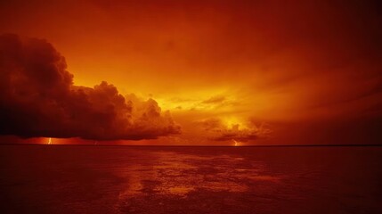 Obraz premium Fiery sunset with lightning over ocean.
