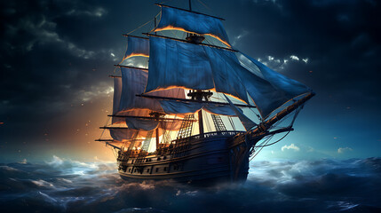 Fototapeta premium Night sailing, wallpaper, a large junk ship floating in the middle of the water at night.