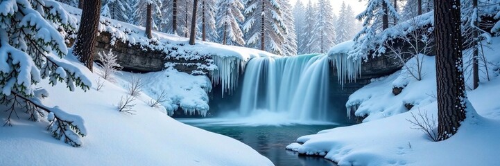 a snow-covered forest with a frozen waterfall, serenity, quiet, frosty