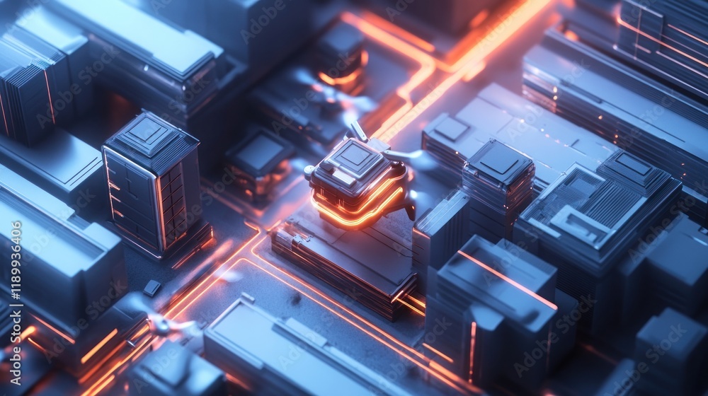 Poster drone delivering data package on futuristic circuit board.