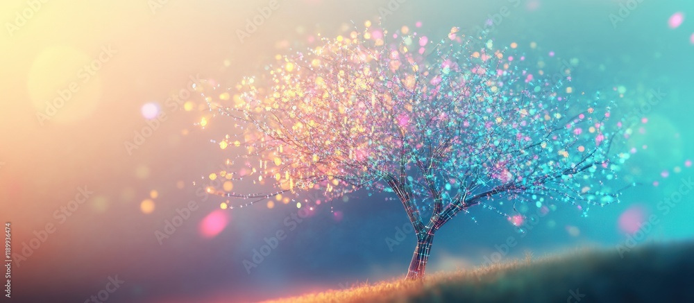 Poster magical glowing tree with colorful bokeh.