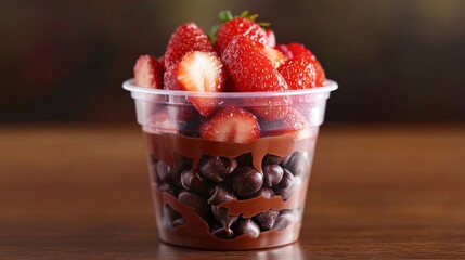 38.A clear 12 oz plastic cup filled with freshly cut strawberries, draped in a glossy layer of melted milk chocolate, with subtle highlights and reflections.