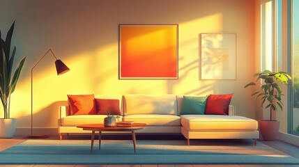 Sunlit living room with sectional sofa, coffee table, and plants.