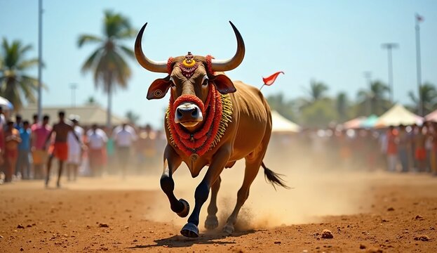 dynamic scene of a beautifully garlanded bull in motion during Jallikattu, running across a wide-open field