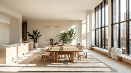 Fototapeta premium Minimalist dining room with large windows, wooden table and chairs, and plants.