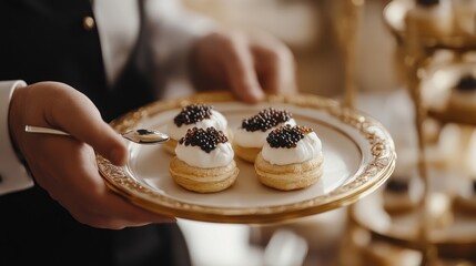 Waiter serving delicious caviar appetizers on a gold-rimmed plate.