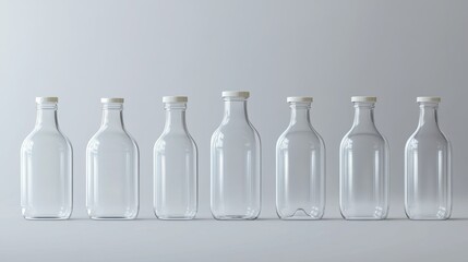 51.A set of milk bottles of differing capacities, rendered with realistic details, showcasing clear plastic textures and uniform designs in a vector format.