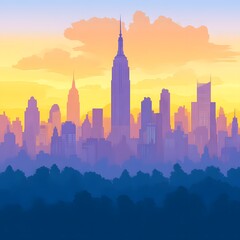 Serene sunrise cityscape over hazy forest.