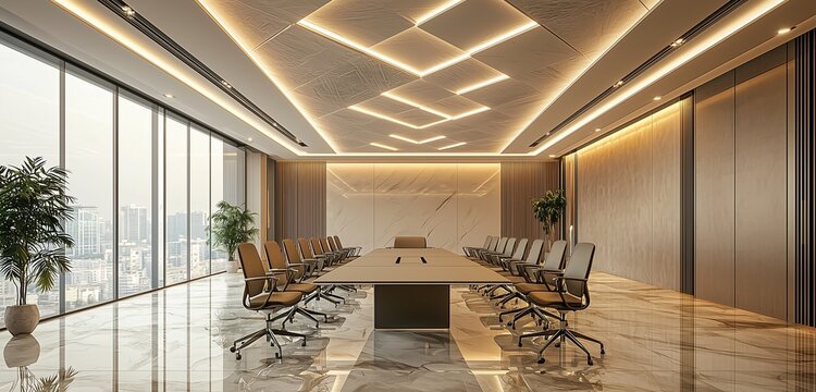 Minimalist conference room 3D model with creative ceiling and sleek table.
