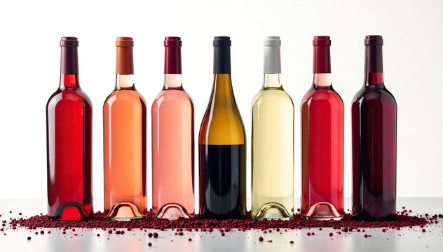 Batalla de colores con botellas de vino variadas en un fondo blanco, decoraci?n, bota