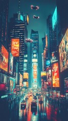 Obraz premium Futuristic Times Square, NYC; flying cars, rain, city lights. Sci-fi cityscape; film, game, ad
