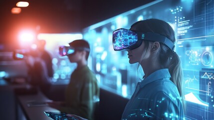 Woman using VR headset with holographic interface.