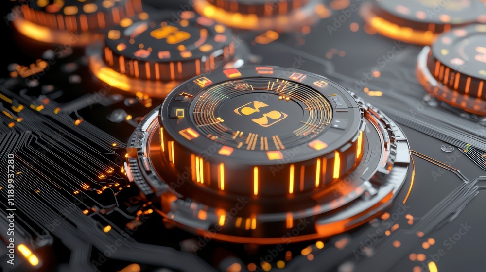 Poster a close-up view of a futuristic circuit board with glowing orange elements, showcasing intricate det