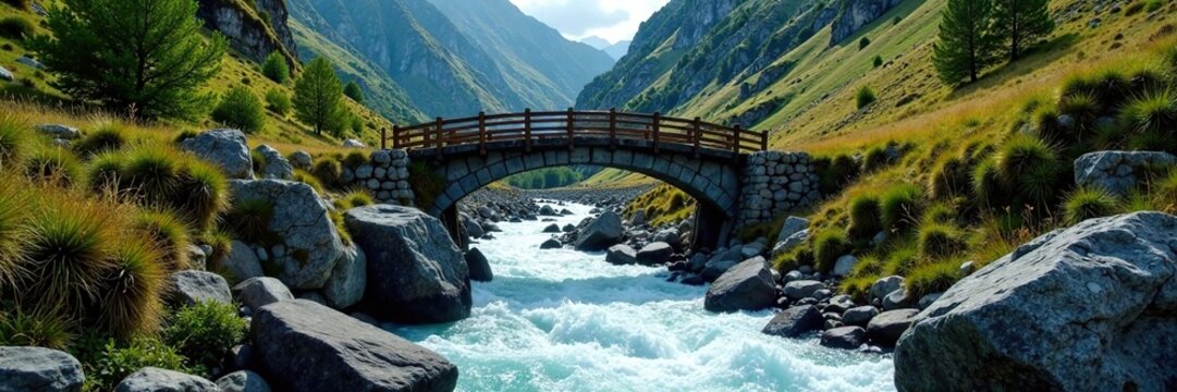 Bridge crossing over fast-moving mountain stream, water erosion, fast moving water