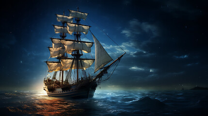 Night sailing, wallpaper, a large junk ship floating in the middle of the water at night.