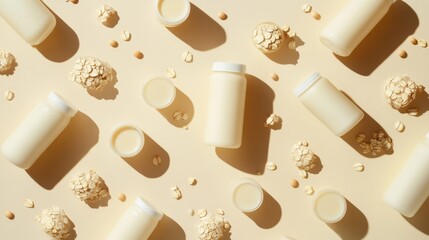 79.Bottles of Alternative Milk, Oatmeal, and Soybeans on Beige Background, Top View