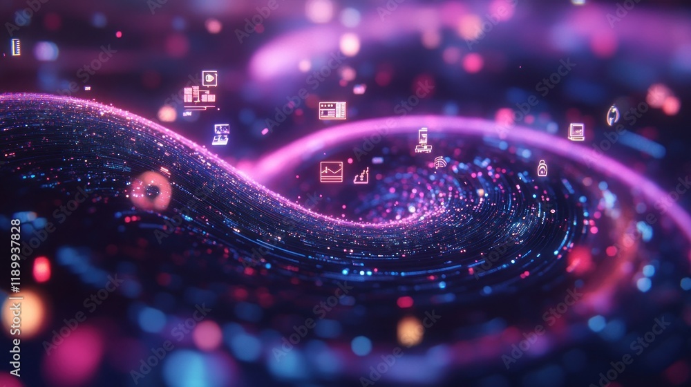 Poster abstract swirling data stream with glowing particles and digital icons.