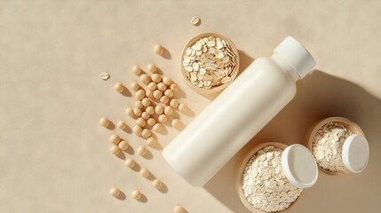 83.A minimalist flat-lay featuring alternative milk bottles alongside small mounds of oatmeal and soybeans, all displayed on a warm beige background with natural shadows.