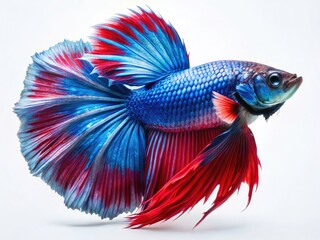 Fototapeta premium Night Photography: Blue & Red Siamese Fighting Fish, Isolated White Background, Aquatic Life, Pet Fish, Colorful Fish