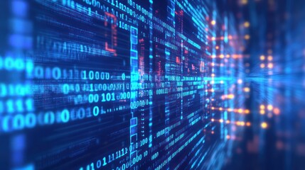 Abstract digital code background with binary data and glowing elements.
