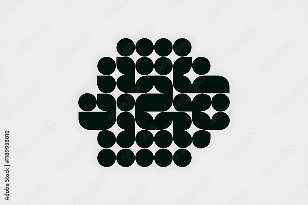 Poster a monochrome artwork featuring a geometric pattern of interlocking black circles and semicircles on 