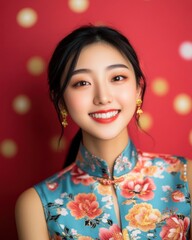 Fototapeta premium Portrait of a Young Woman in a Beautiful Floral Cheongsam Against a Red Background