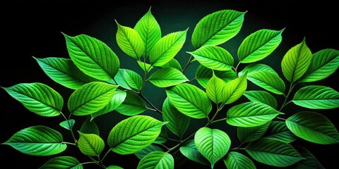 Night Photography Green Leaves, Isolated Fresh Foliage, Dark Background, PNG Image, Nature, Plants,  Greenery
