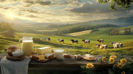 96.A serene countryside tableau with dairy products on a rustic table, complemented by a backdrop of grazing cows in a sunlit field and rolling green hills.