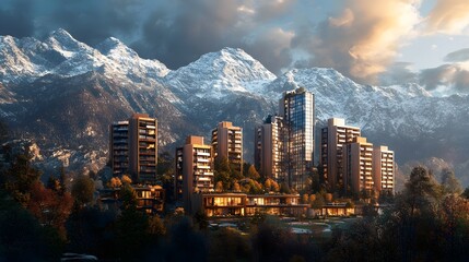Modern Residential Complex Nestled Amongst Majestic Snow Capped Mountains