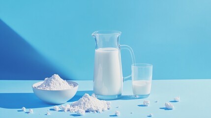 100.A clean composition featuring a glass of milk beside a jug, with powdered milk in a bowl and scattered powder granules, all displayed on a bright blue background.