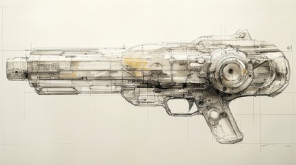 Detailed technical drawing of a futuristic firearm, transparent design, grid background.