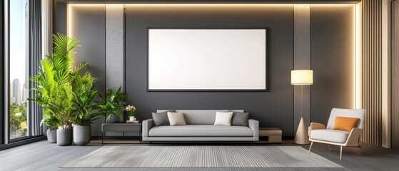 Modern living room interior design urban apartment image minimalist environment wide angle view contemporary style