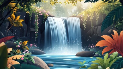Fototapeta premium Lush jungle waterfall cascading into a tranquil pool. (1)