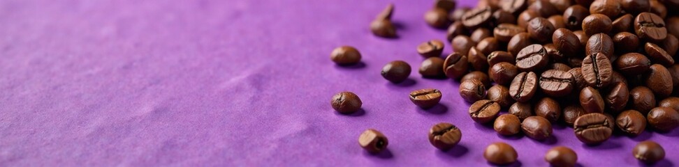 Coffee beans scattered around a purple table top, beans, spread