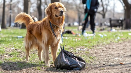 A golden retriever stands with a trash bag in a park, promoting responsible pet ownership.
