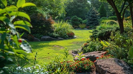 Naklejka premium Serene Garden Pathway Surrounded by Lush Greenery and Vibrant Flowers in a Tranquil Outdoor Setting Perfect for Relaxation and Nature Appreciation