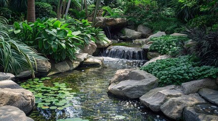 Serene Garden Oasis with Tranquil Waterfall, Lush Greenery, and Natural Stone Features, Ideal for Relaxation and Nature Retreat Imagery