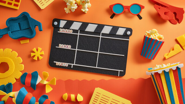 Film clapperboard surrounded by colorful party decorations on a bright orange background
