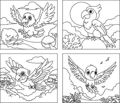 Children coloring page - 4 pictures bundle - bird series - Eagle, macaw, parrot, love bird, cocatoo