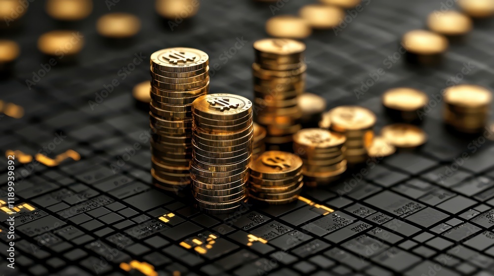 Poster the image features stacks of gold coins arranged on a textured, dark surface, symbolizing wealth and