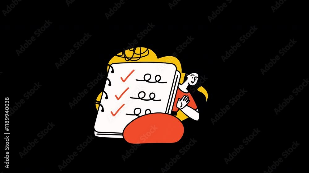 Poster an illustrated person checking tasks on a notebook with a colorful background.