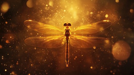 Naklejka premium A glowing dragonfly against a shimmering, golden background.
