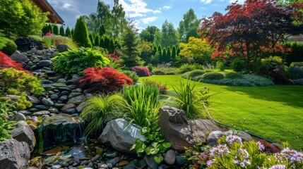 Fototapeta premium Lush and Vibrant Garden Landscape with Water Feature, Colorful Foliage, Smooth Rocks, and Clear Blue Sky Capturing Nature's Beauty and Serenity