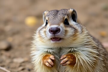 Obraz premium A groundhog stands on its hind legs with its paws in front, curiously looking around. The setting is outdoors, likely in a woodland area, hinting at an early spring