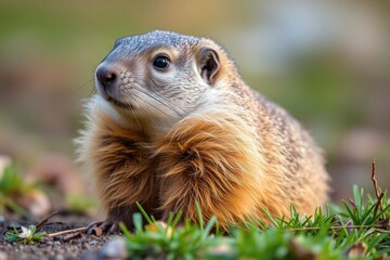 Fototapeta premium A curious groundhog seated among fresh green grass, basking in the sunshine during the early spring season, is a symbol of warmth and renewal