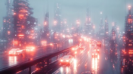 Fototapeta premium Futuristic city highway at night, rain, red neon lights.