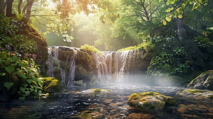 Serene Forest Waterfall Surrounded by Lush Greenery and Sunlight Filtering Through Leaves in a Peaceful Nature Scene